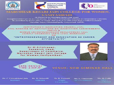IIC , ARIIA and Women Entrepreneurship Development Cell - Workshop on Entrepreneurship and Innovation as Career Opportunity - 04.01.2024