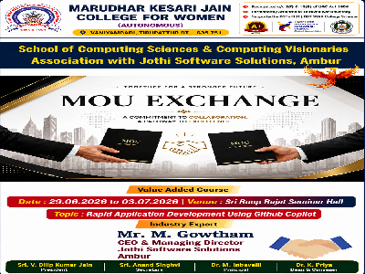 School of Computing Sciences & Computing Visionaries Association with Jothi Software Solutions, Ambur MoU Exchange Value Added Course on Rapid Application Development using Github Copilot - 29.06.2026