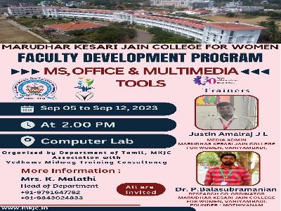 Department of  Tamil association with Vedhams Midway Training Consultancy - One Day Faculty Development Program on MS Office & Multimedia Tools - 05.09.2023