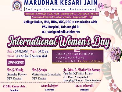 College Union, NSS, UBA, YRC, RRC in Association with PSV Hospital, Krishnagiri & JCI, Vaniyambadi Celebrates International Women's Day - 06.03.2026
