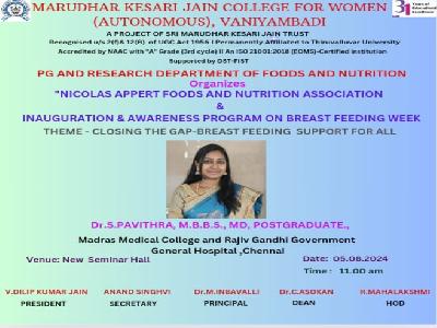 Department of Foods and Nutrition -  Nicolas Appert Foods and Nutrition Association Inauguration & Awareness Program on Breast Feeding Week on 05.08.2024