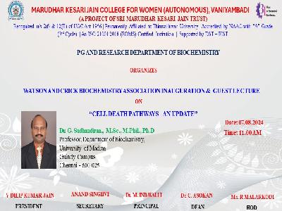 Department of BioChemistry - Watson and Crick BioChemistry   Association Inauguration & Guest Lecture on Cell Death Pathways  -  An Update.