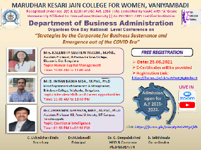 Business Administration - One day National level Conference on Strategies by the Corporate for Business Sustenance and Emergence out of the COVID Era,25-06-2021