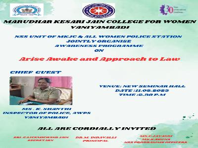 NSS Units of Marudhar Kesari Jain College for Women,Vaniyambadi & All Women Police Station,Vaniyambadi - Awareness Programme on Arise Awake and Approach to Law - 11.08.2023