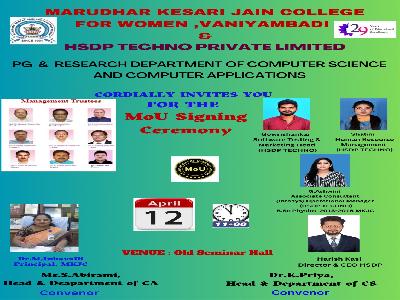 Marudhar Kesari Jain College for Women, Vaniyambadi & HSDP Techno  Private Limited - MoU Signing Ceremony on 12.04.2023