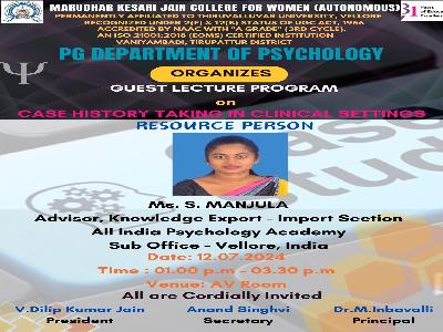 Psychology - Guest Lecture program on Case History Taking In Clinical Settings -12.07.2024