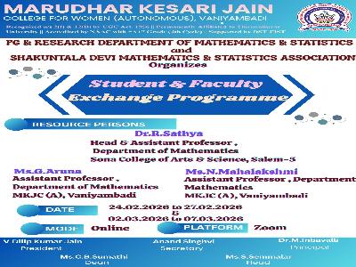 Department of Mathematics  & Statistics and Shakuntala Devi Mathematics  &  Statistics Association - student & Faculty Exchange Programme on 24.02.2026  Resource Persons: