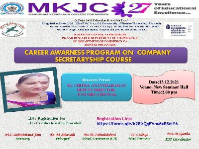 ICSI Study Centre, Vaniyambadi & PG & Research Department of Commerce and PG  Department of Commerce CA  - webinar on Career Awarness Program on Company Secretaryship Course on 15.12.2021