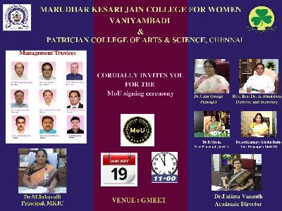 Marudhar Kesari Jain College for Women, Vaniyambadi & Patrician College of Arts & Science, Chennai - MoU Signing Ceremony on 19.01.2023.