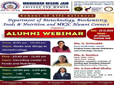 Department of Biotechnology, Biochemistry, Foods & Nutrition and MKJC Alumni Connect -  Alumni Webinar on 22.12.2025