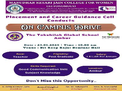 Placement & Career Guidance Cell - On Campus Drive With The Takshila Global School,Ambur & Vellore - 23.01.2025 