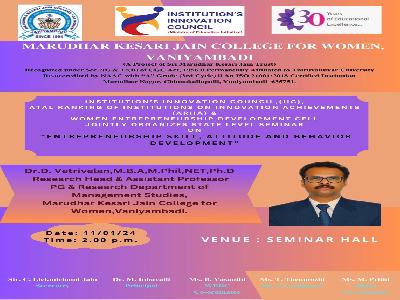 Institution's Innovation Council (IIC) & (ARIIA) and Women Entrepreneurship Development Cell - State Level Seminar on  Entrepreneurship Skill Attitude and Behavior Development - 11.01.2024
