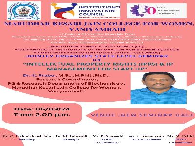 Institution's Innovation Council (IIC) & (ARIIA) and Women Entrepreneurship Development Cell Jointly organizes Stat Level Seminar on  Intellectual Property Rights (IPRS) & IP Management For Start Up - 05.03.2024