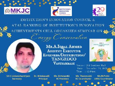 Institution's Innovation Council (IIC) & Atal Ranking of Institutions on Innovation Achievments (ARIIA) Cell - Seminar on Energy Conservation -19.12.2022