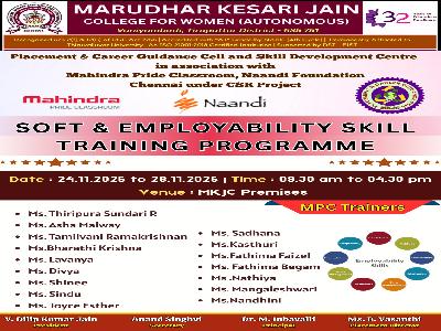 Placement & Career Guidance Cell and Skill Development Centre, in association with Mahindra Pride Classroom – Naandi Foundation, Chennai (CSR Project) -  Soft & Employability Skill Training Programme - 24.11.2025 