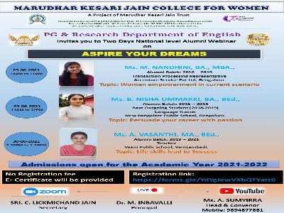 English - Two Days National Level  Alumni Webinar on  Aspire Your Dreams,29.6.2021 & 30.6.2021