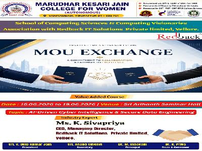 School of Computing Sciences & Computing Visionaries Association with Redback IT Solutions Private limited, Vellore. MoU Exchange Value Added Course on Al-Driven Cyber Intelligence & Secure Data Engineering - 15.06.2026