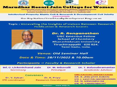 IPR cell and Research and Development Cell - one Day Faculty Development Program on Unraveling The Insights of Liaison Between Research Publication & Research Grants - 28.11.2022