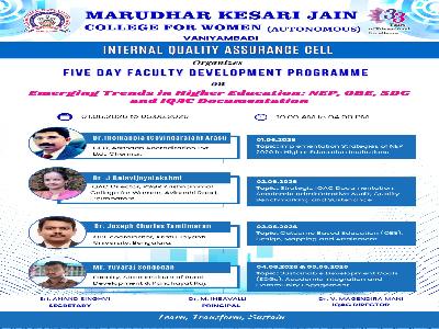 Internal Quality Assurance Cell - Faculty Development Programme On Emerging Trends in Higher Education: NEP, OBE, SDG and IQAC Documentation - 01.06.2026 to 05.06.2026   