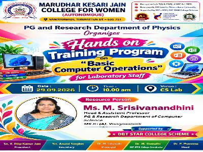 Department of Physics - Hands on Training Program Basic Computer  Operations for Laboratory staff  Supported  by DBT STAR College Scheme - 29.09.2026